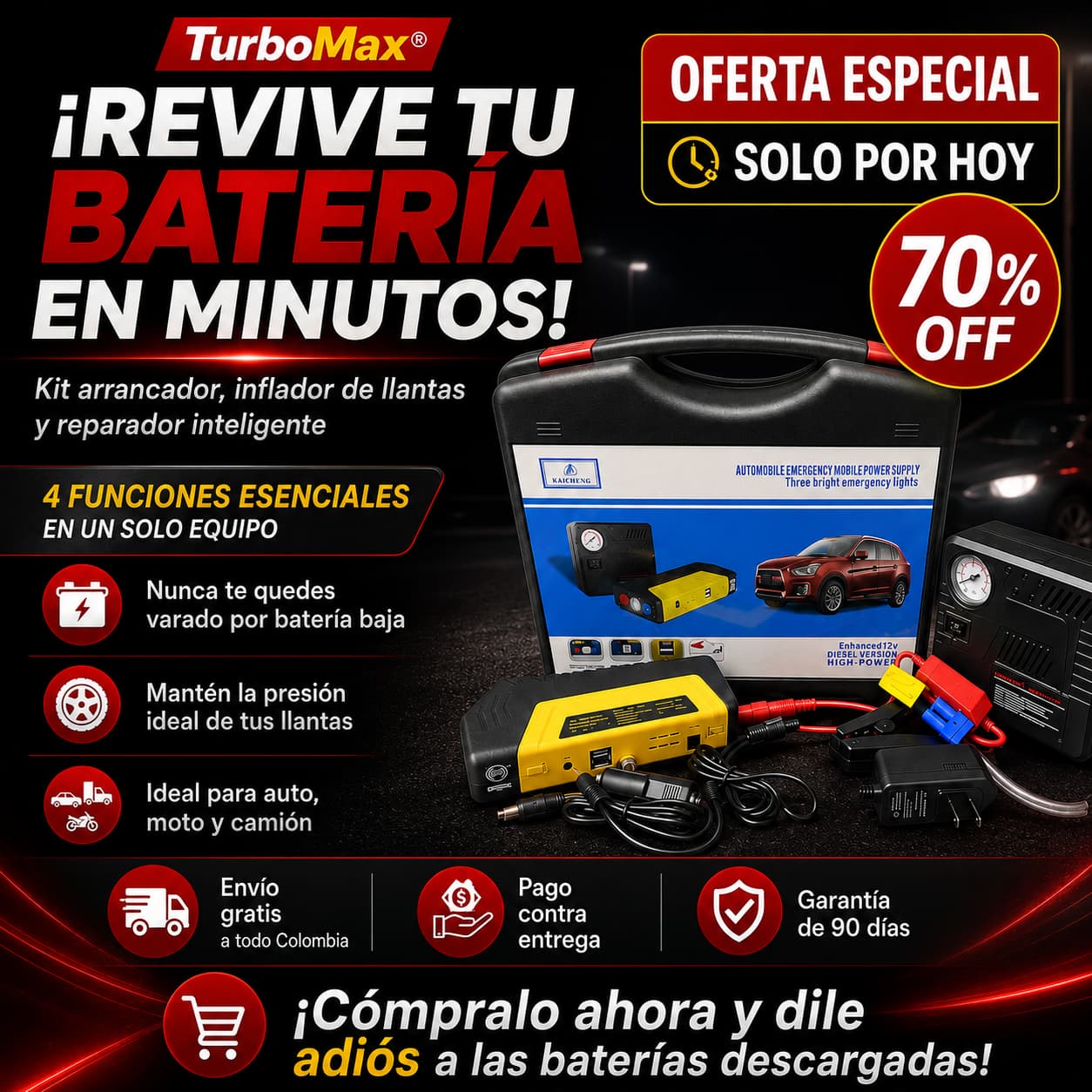 TurboMax® Kit Arrancador de Batería, Inflador de Llantas y Reparador Inteligente de Batería – ¡70% OFF SOLO POR HOY! 🔥