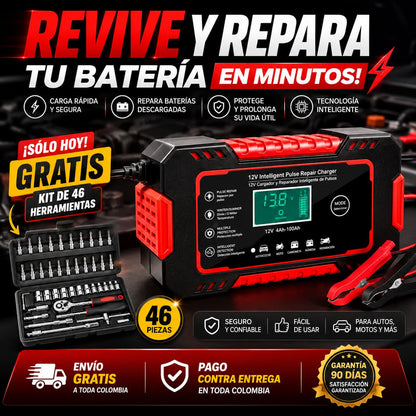 TurboPower® Cargador y Reparador Inteligente de Batería + Kit de 46 Herramientas GRATIS ¡Solo Hoy! 🔥